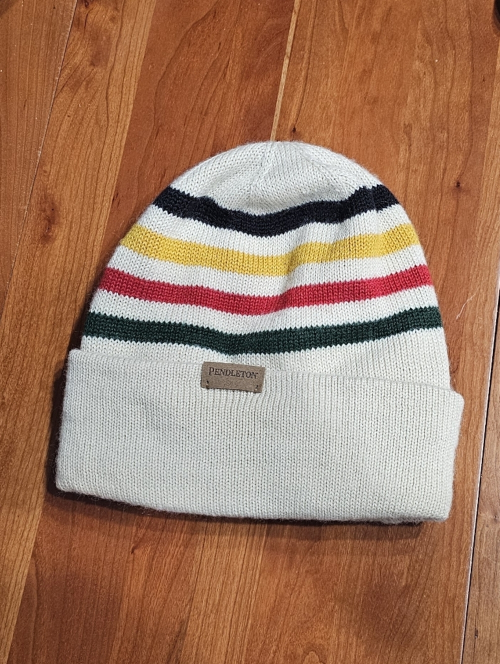 Pendleton Cream Knit Beanie with Multicolor Stripe Accents